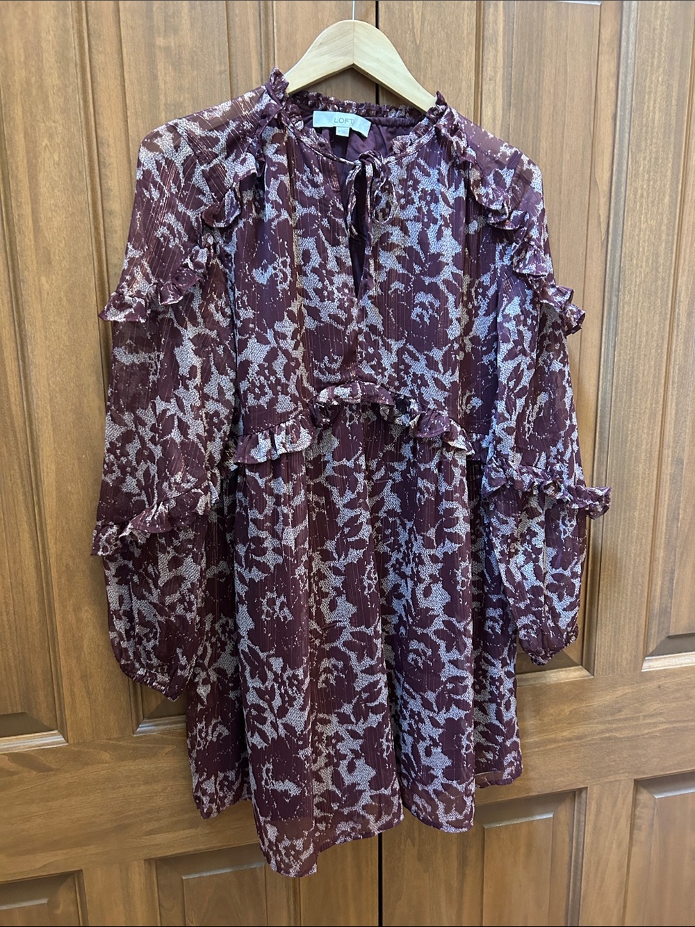 LOFT Plum Ruffle Tie-Neck dress size medium